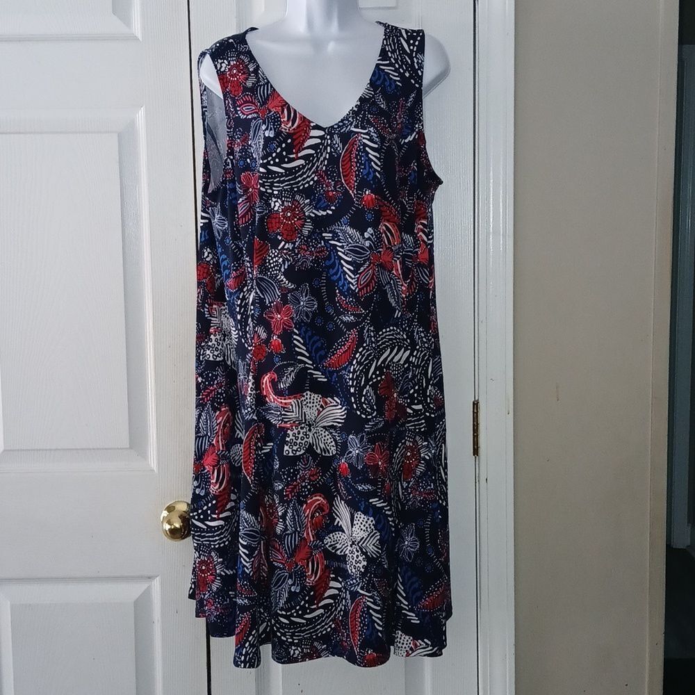 Kim Rogers blue red white floral print sleeveless midi dress Sz 1X NWOT